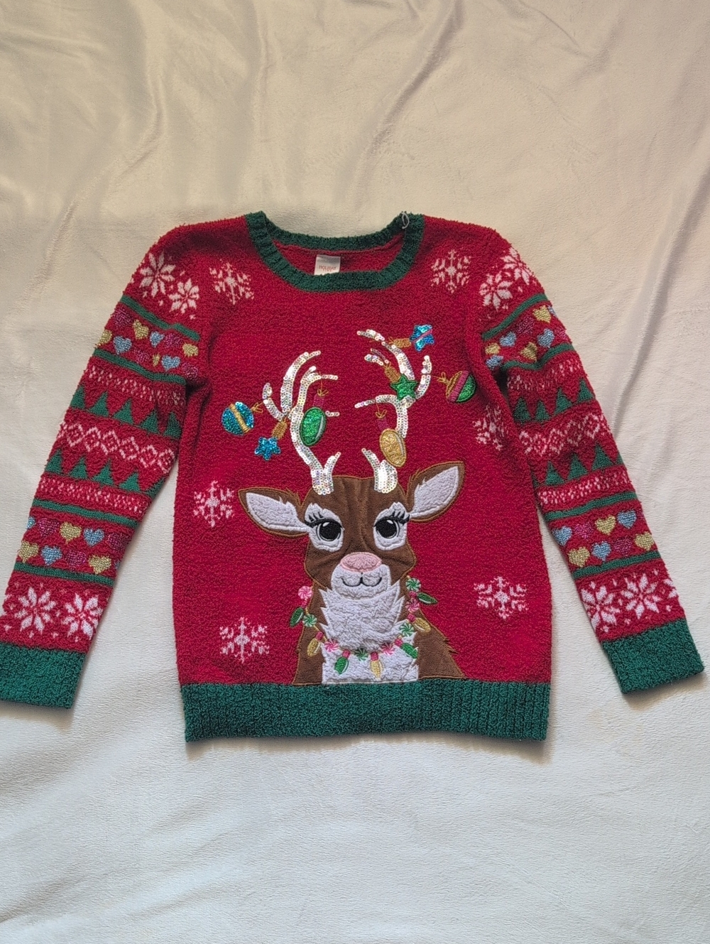 Holiday Time Red Reindeer Applique Sweater with Green Trim